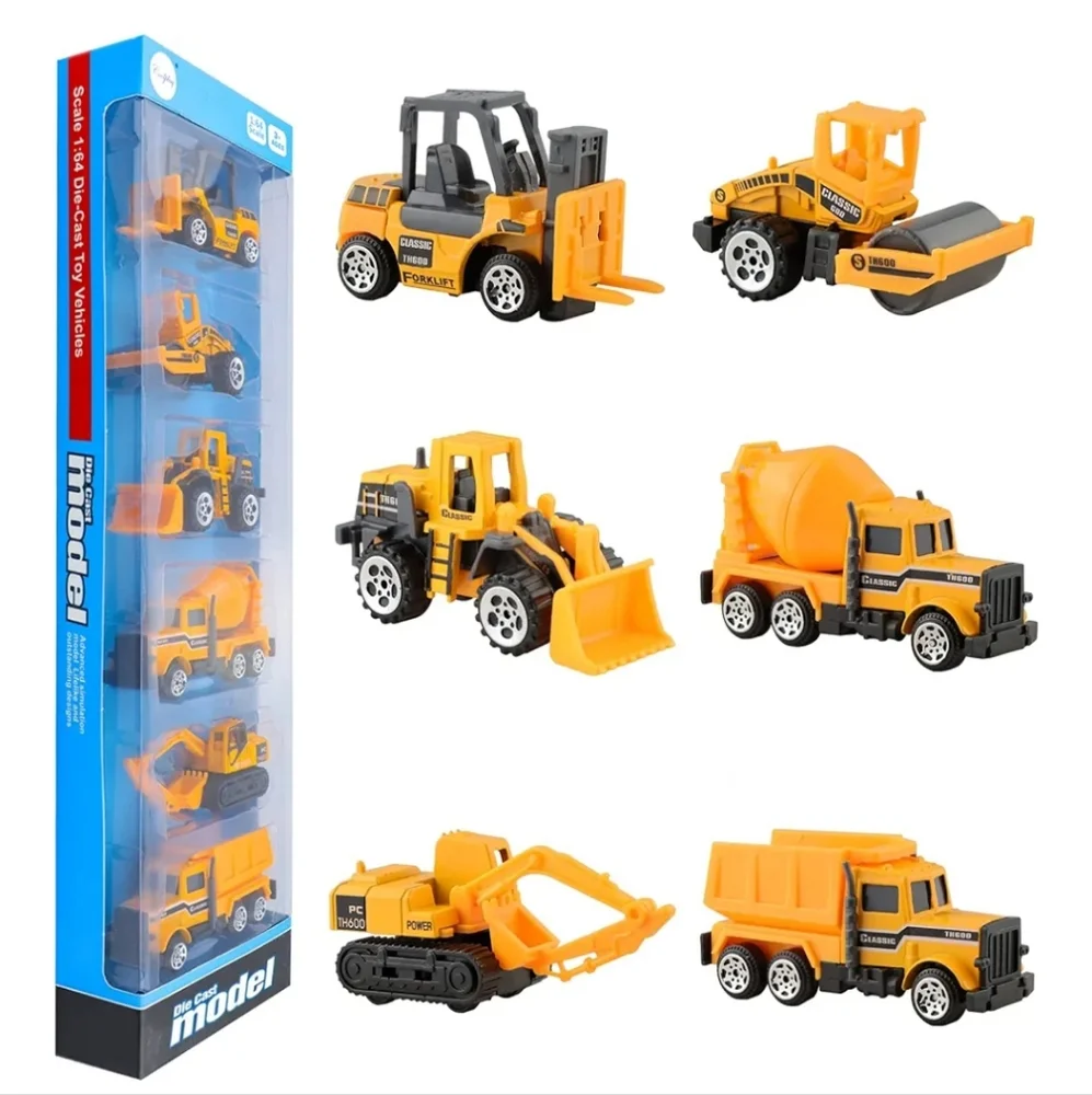 6 Pcs Mini Die Cast Car Set 1/64 Scale Alloy Construction Trucks - NIB